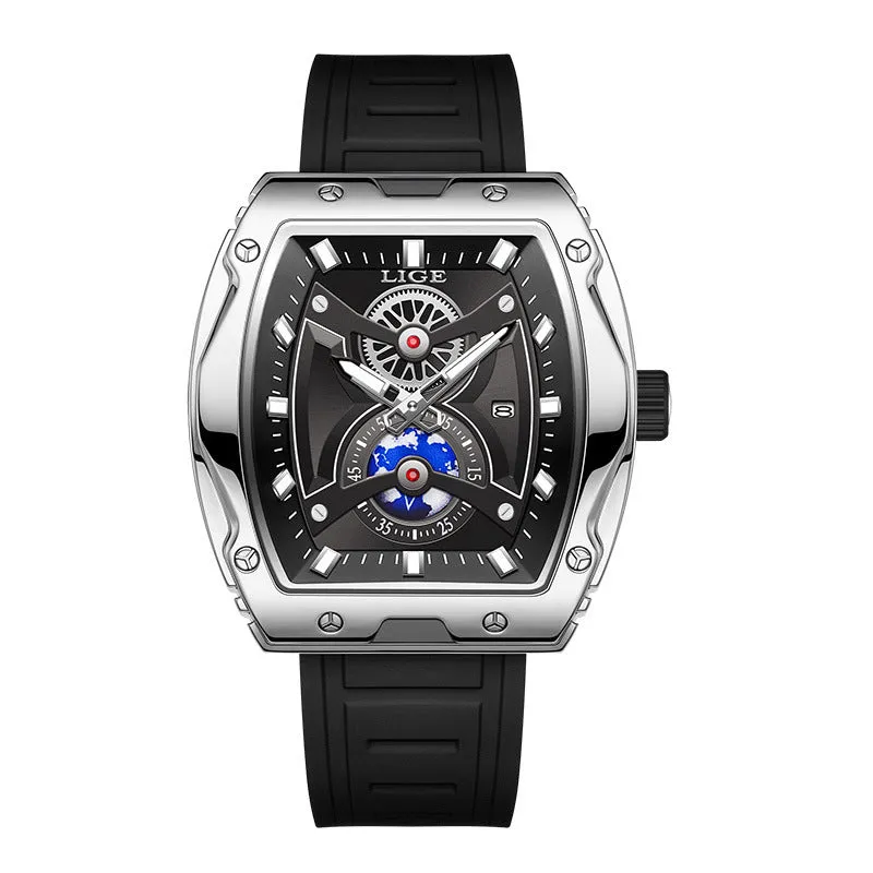 Niche Tonneau men's luminous waterproof watch with silicone strap and stainless steel case, silver black colour option
