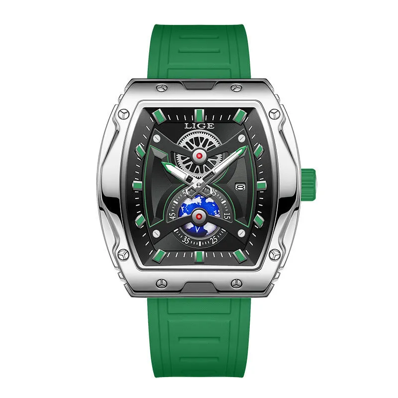 Niche Tonneau men's luminous waterproof watch with silicone strap and stainless steel case, silver black colour option