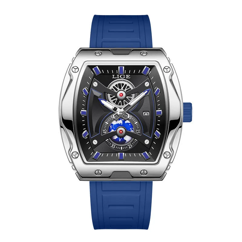 Niche Tonneau men's luminous waterproof watch with silicone strap and stainless steel case, silver black colour option