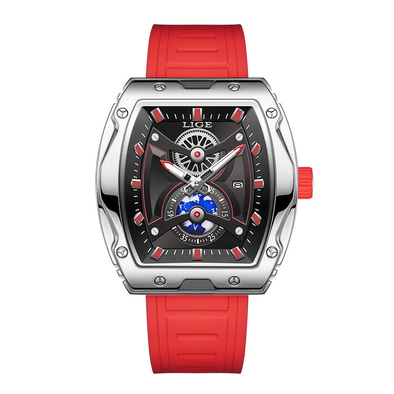 Niche Tonneau men's luminous waterproof watch with silicone strap and stainless steel case, silver black colour option