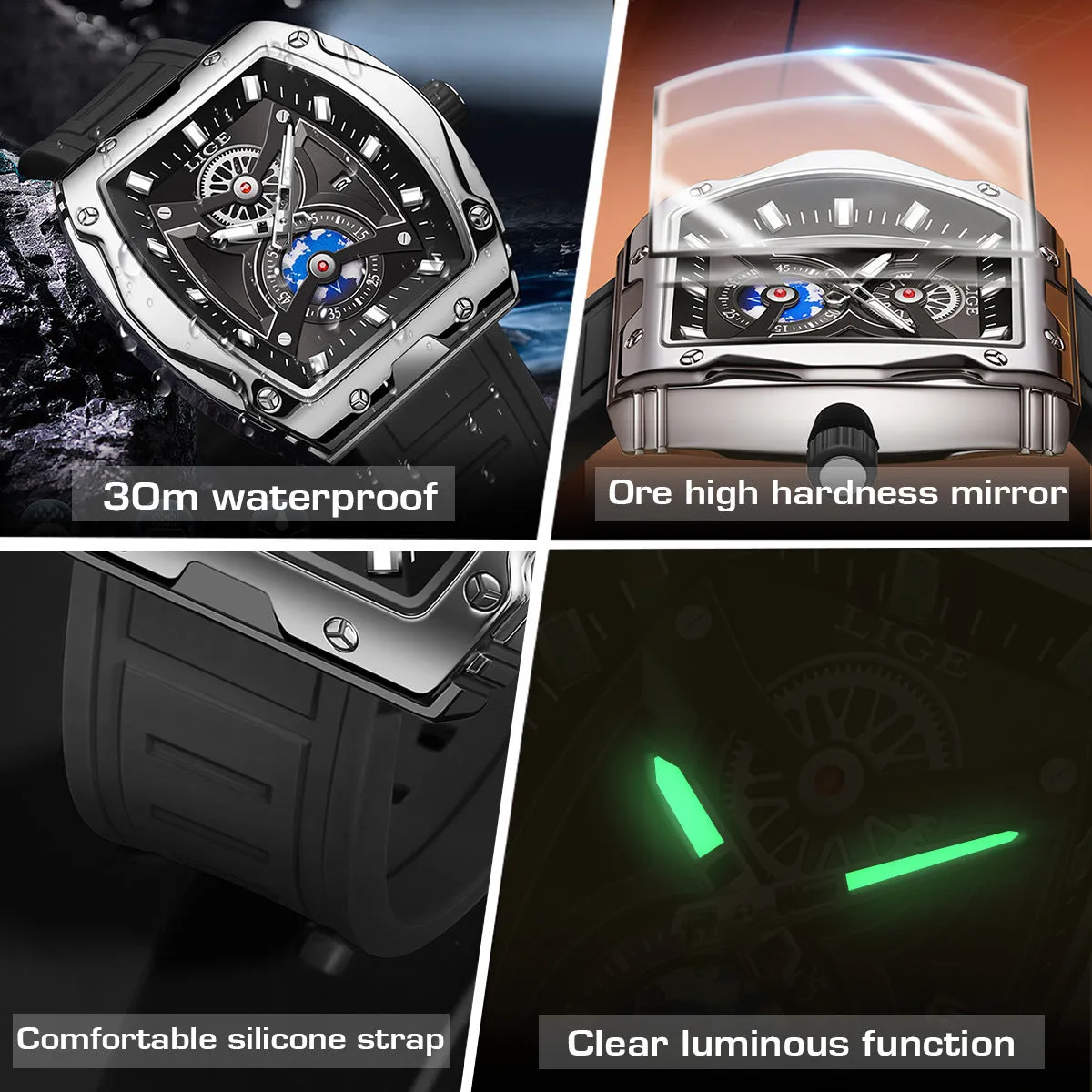 Niche Tonneau men's luminous waterproof watch with silicone strap and stainless steel case, silver black colour option
