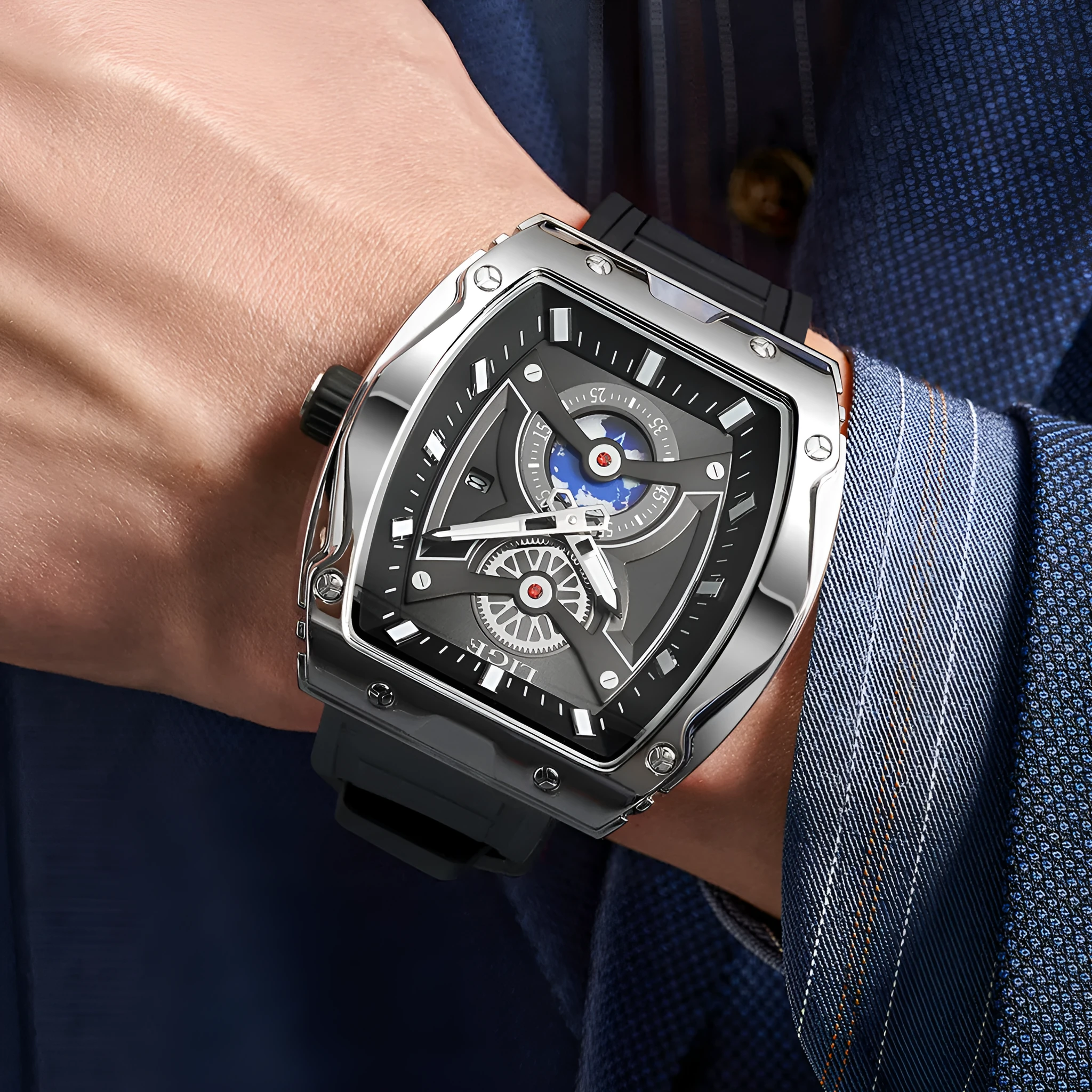 Niche Tonneau men's luminous waterproof watch with silicone strap and stainless steel case, silver black colour option