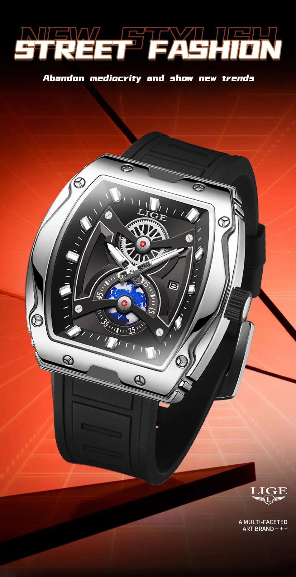 Niche Tonneau men's luminous waterproof watch with silicone strap and stainless steel case, silver black colour option