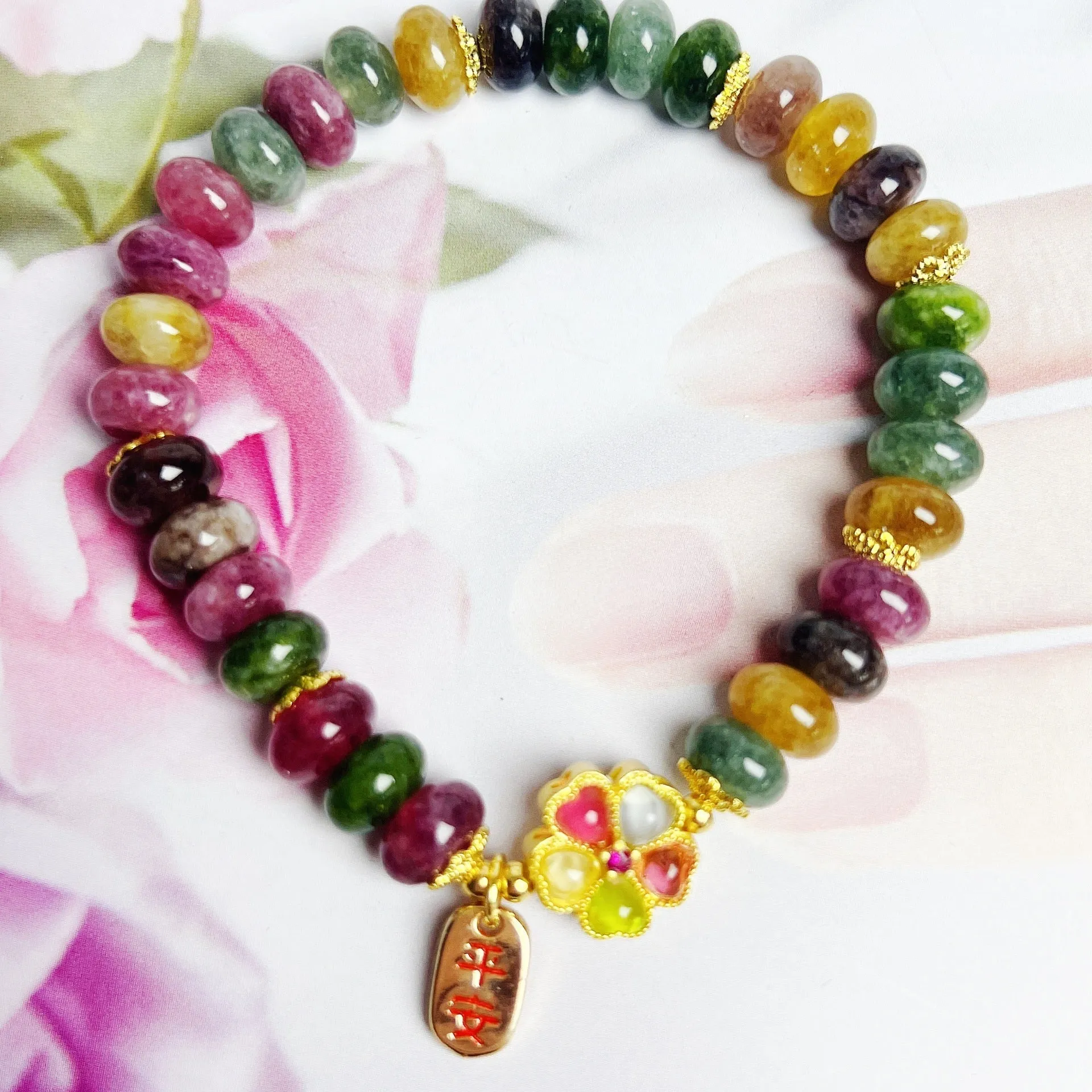 Colourful tourmaline abacus beads jade bracelet for women with artificial crystal beads on elastic cord