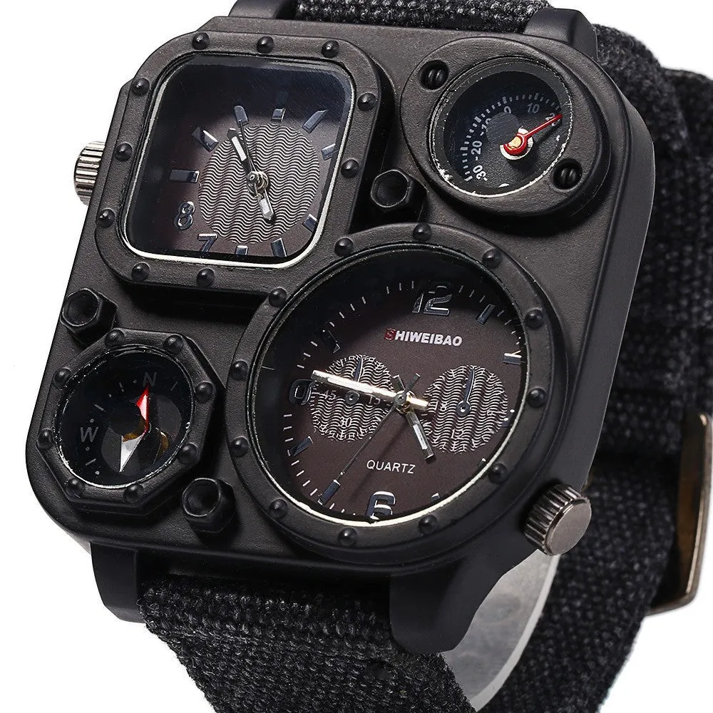 Men's military watch with multi-time zone dial, canvas strap, green colour variant, 5cm dial