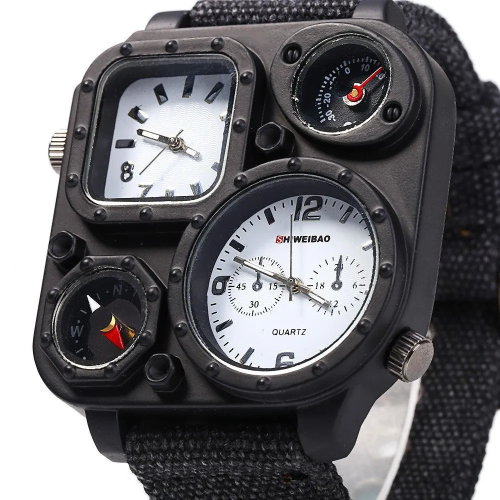 Men's military watch with multi-time zone dial, canvas strap, green colour variant, 5cm dial