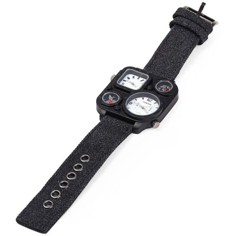 Men's military watch with multi-time zone dial, canvas strap, green colour variant, 5cm dial