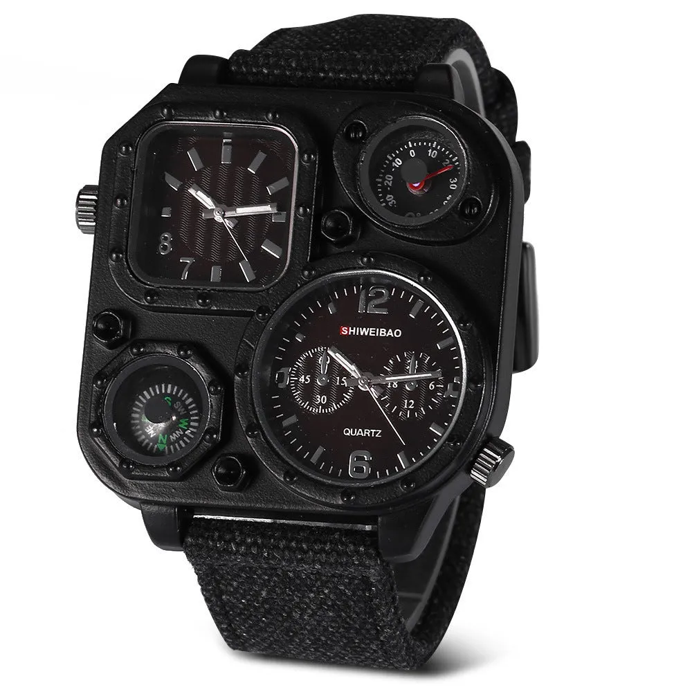 Men's military watch with multi-time zone dial, canvas strap, green colour variant, 5cm dial
