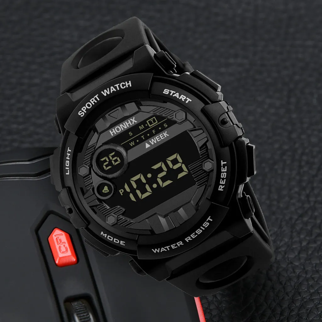 Digital watch with calendar alarm stopwatch LED display round resin case 43mm PU strap black blue red