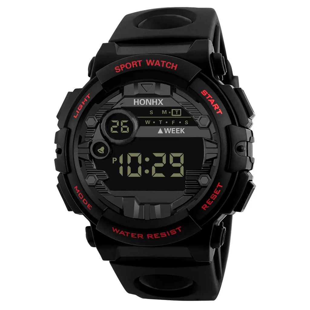 Digital watch with calendar alarm stopwatch LED display round resin case 43mm PU strap black blue red