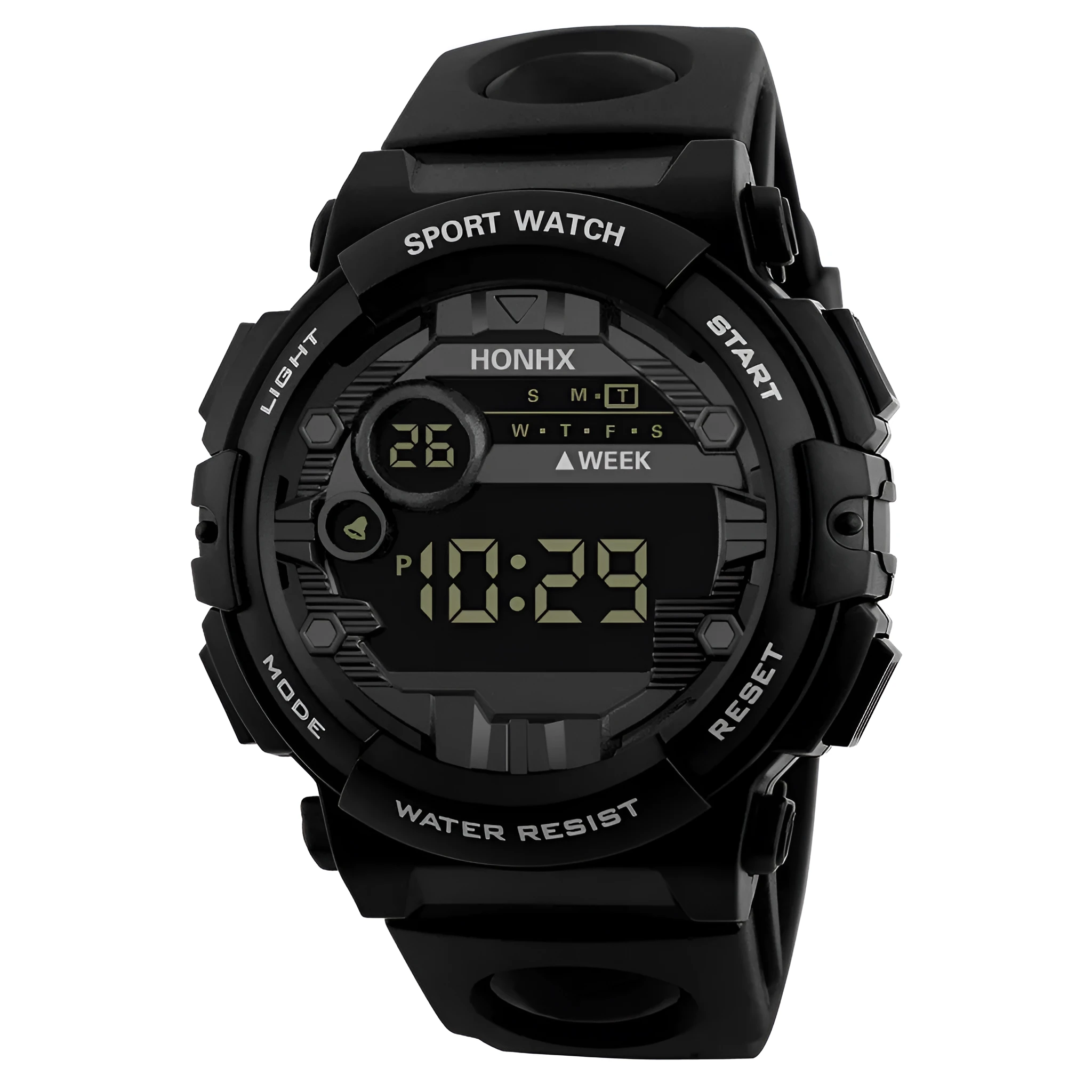 Digital watch with calendar alarm stopwatch LED display round resin case 43mm PU strap black blue red