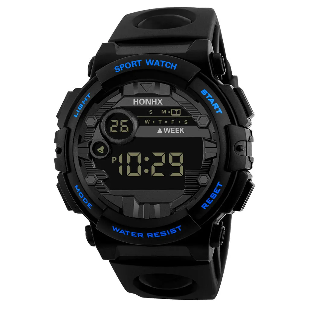 Digital watch with calendar alarm stopwatch LED display round resin case 43mm PU strap black blue red