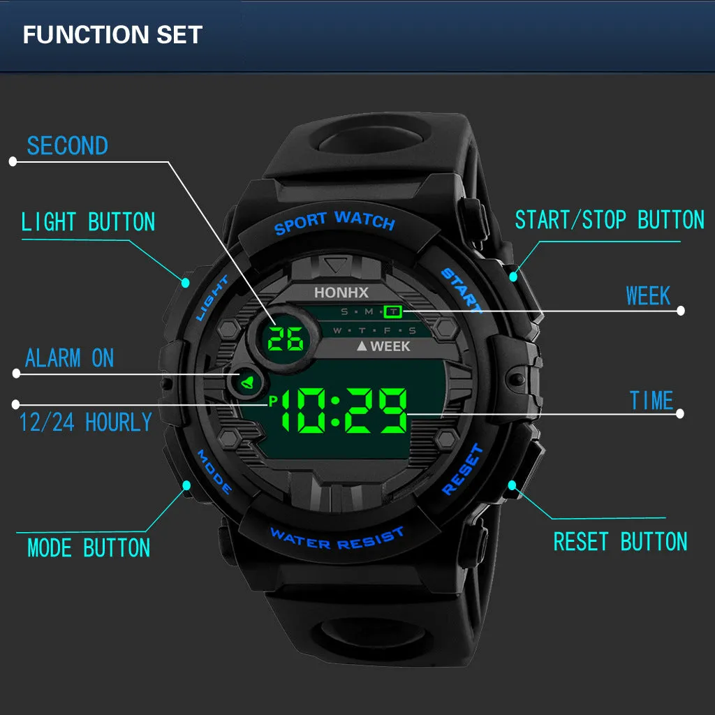 Digital watch with calendar alarm stopwatch LED display round resin case 43mm PU strap black blue red