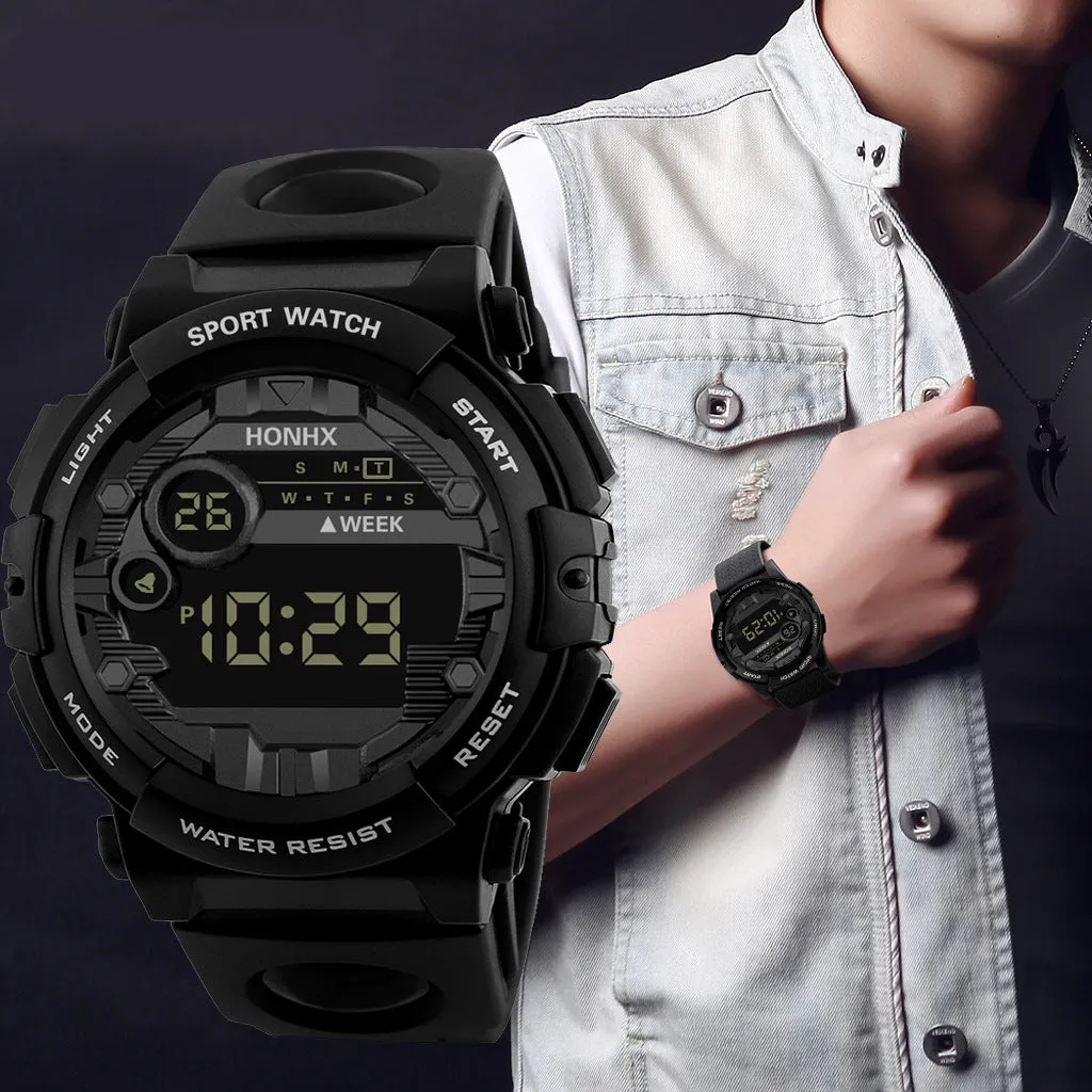 Digital watch with calendar alarm stopwatch LED display round resin case 43mm PU strap black blue red