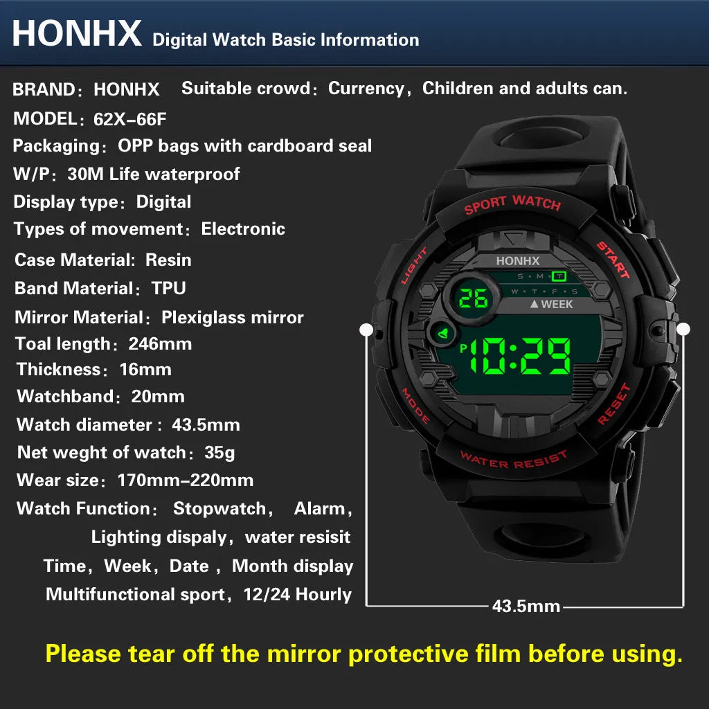Digital watch with calendar alarm stopwatch LED display round resin case 43mm PU strap black blue red