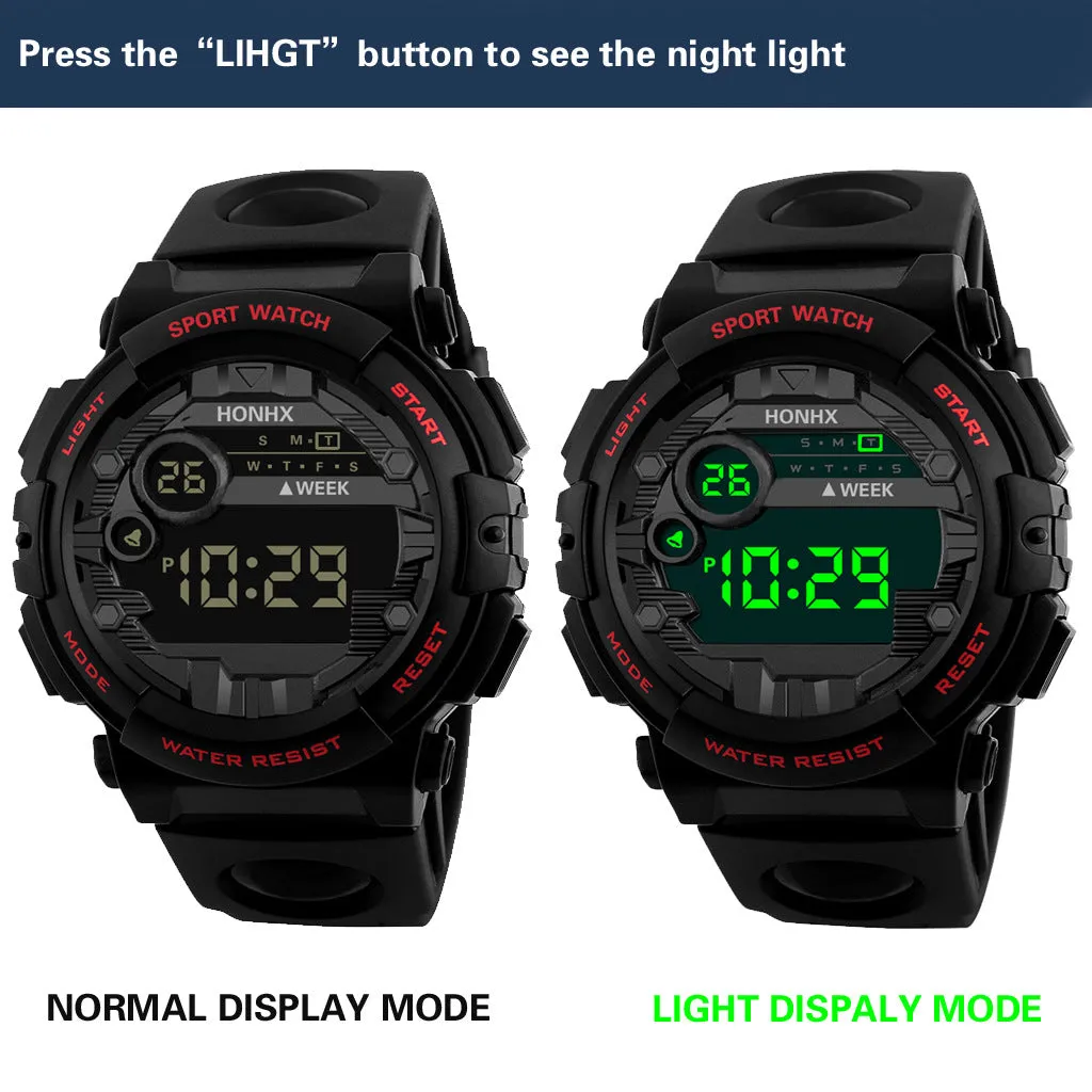 Digital watch with calendar alarm stopwatch LED display round resin case 43mm PU strap black blue red