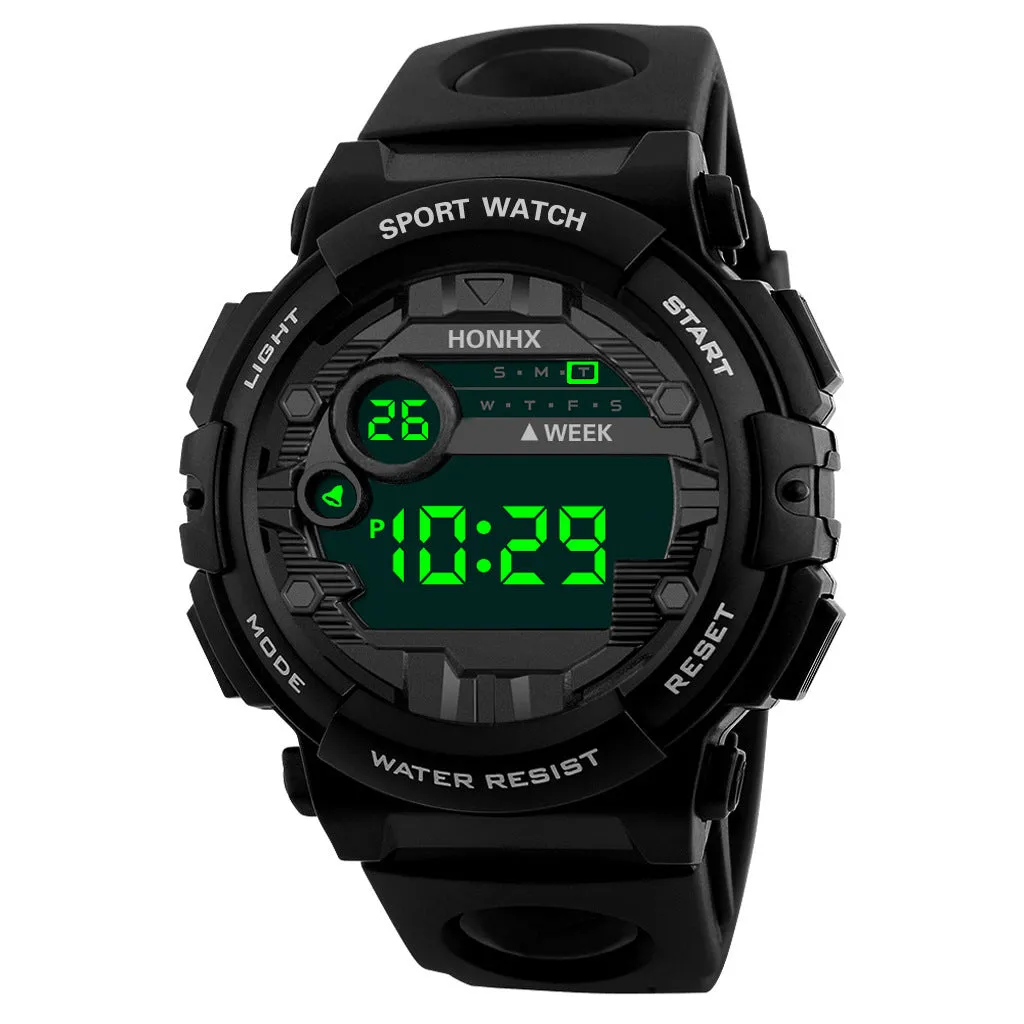 Digital watch with calendar alarm stopwatch LED display round resin case 43mm PU strap black blue red