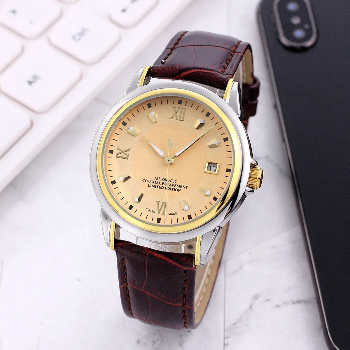 Men's transparent skeleton quartz watch with genuine leather strap on wrist, 37mm dial, alloy case, and stainless steel buckle