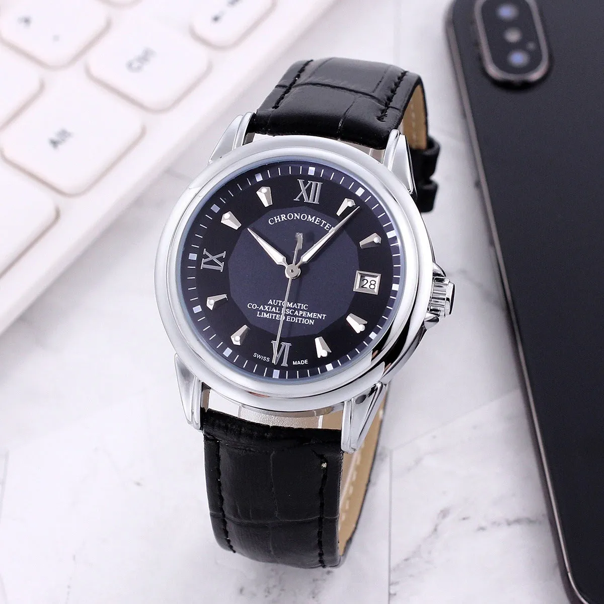 Men's transparent skeleton quartz watch with genuine leather strap on wrist, 37mm dial, alloy case, and stainless steel buckle