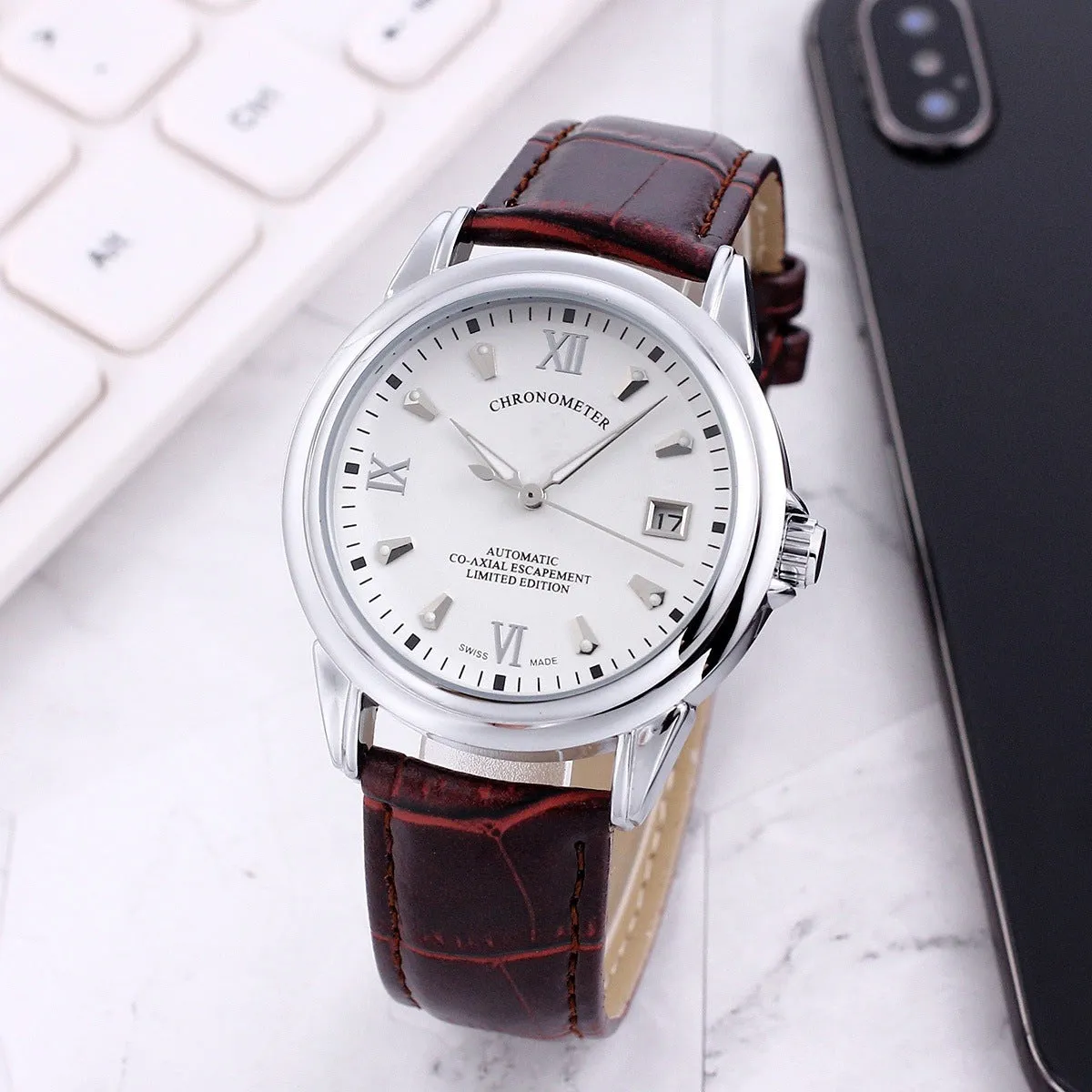Men's transparent skeleton quartz watch with genuine leather strap on wrist, 37mm dial, alloy case, and stainless steel buckle