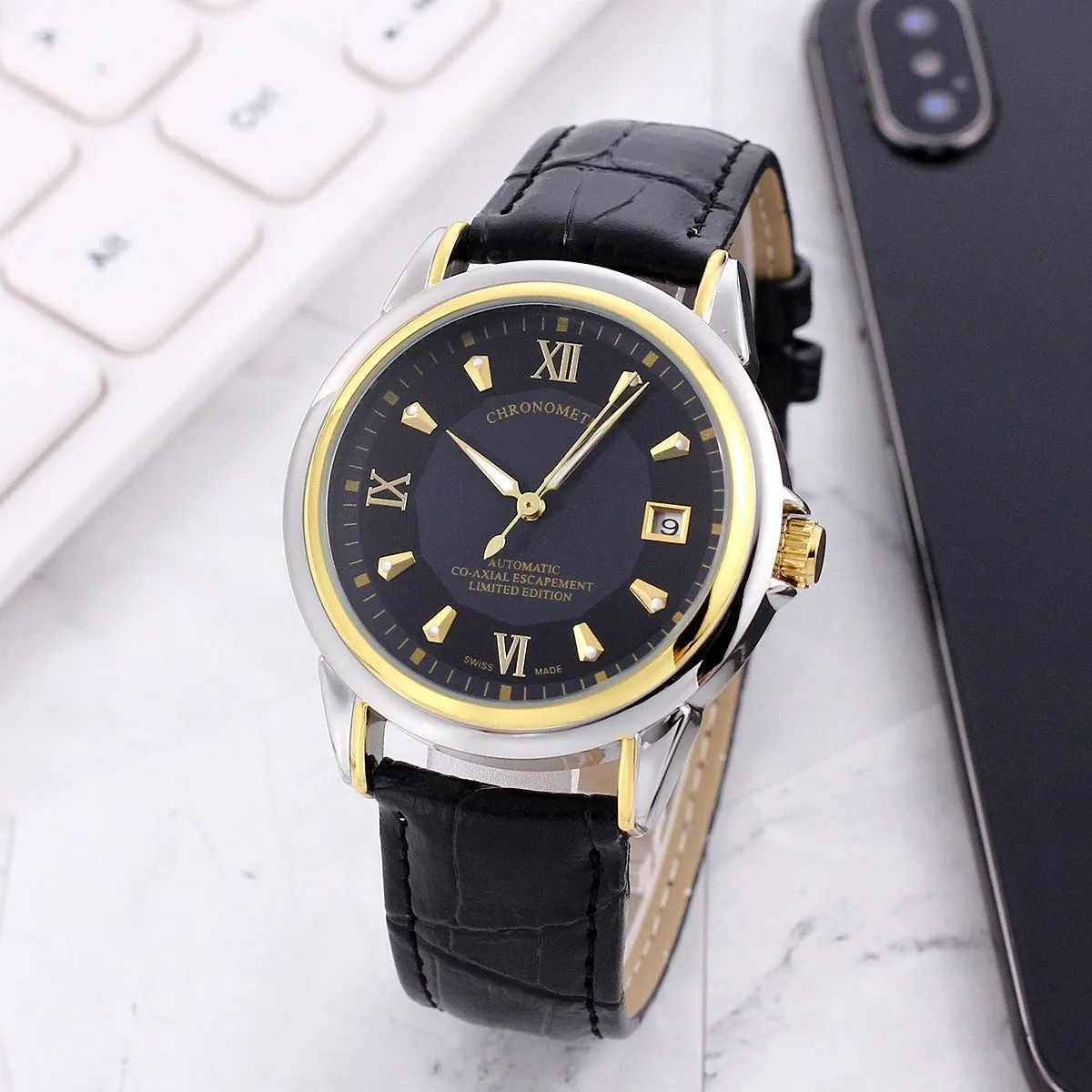 Men's transparent skeleton quartz watch with genuine leather strap on wrist, 37mm dial, alloy case, and stainless steel buckle