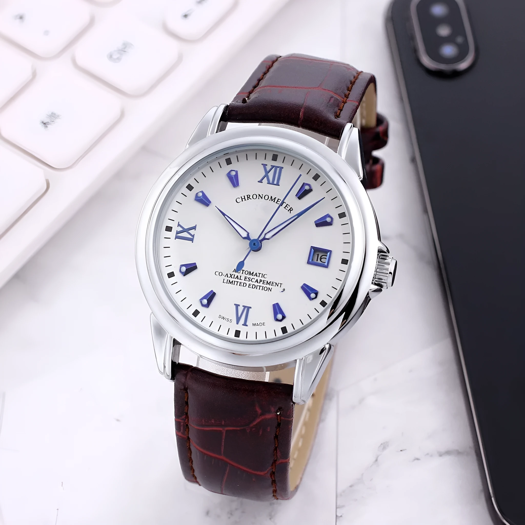 Men's transparent skeleton quartz watch with genuine leather strap on wrist, 37mm dial, alloy case, and stainless steel buckle