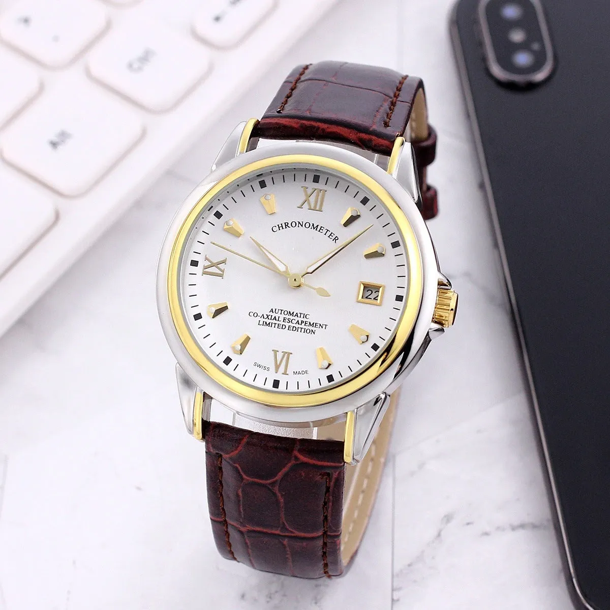 Men's transparent skeleton quartz watch with genuine leather strap on wrist, 37mm dial, alloy case, and stainless steel buckle