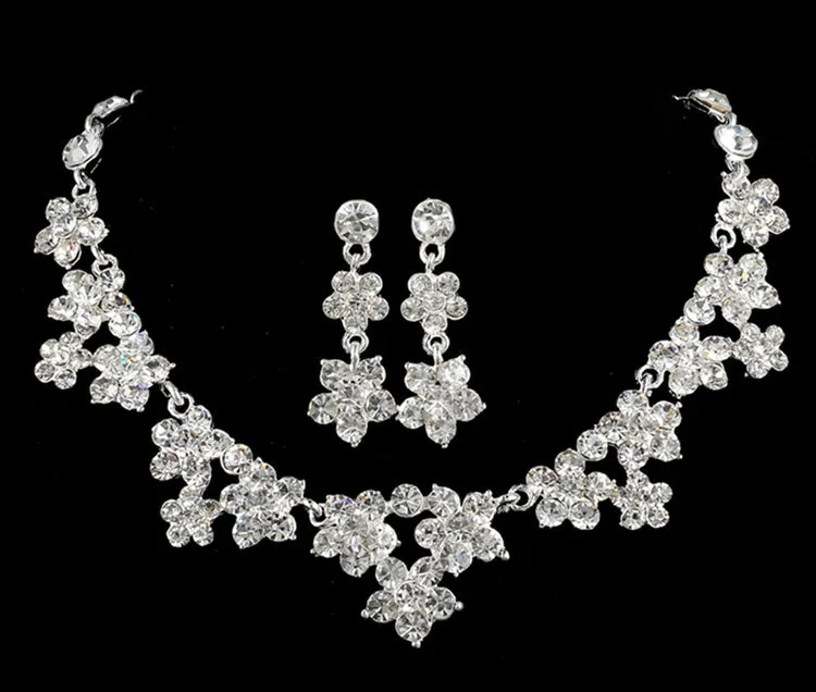 Korean crystal necklace and earrings bridal set in four colour variants