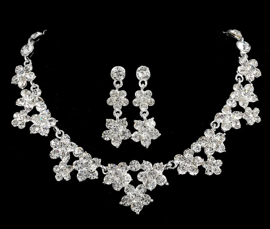 Korean crystal necklace and earrings bridal set in four colour variants