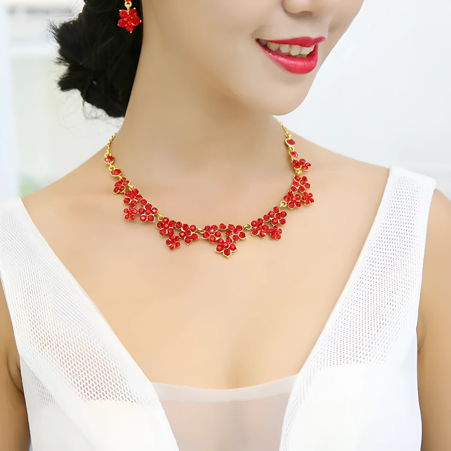 Korean crystal necklace and earrings bridal set in four colour variants