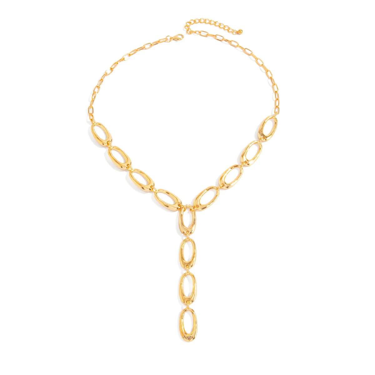 Metal textured Y-shaped cross necklace with alloy chain in gold finish on white background