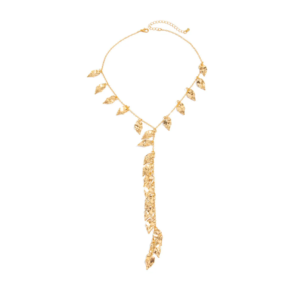 Y-shaped leaf fringe pendant necklace gold tone on white background, copper chain, iron leaf pendant