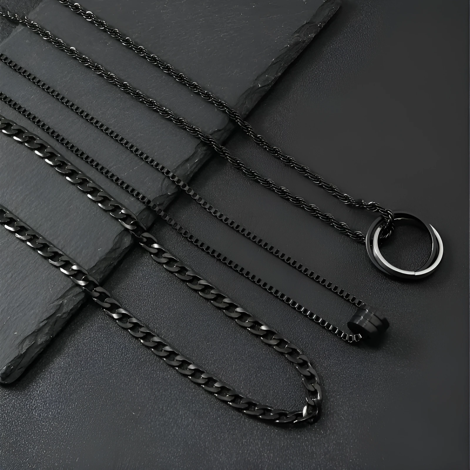 Men's black stainless steel necklace with titanium steel cylindrical ring buckle pendant, three-piece set.