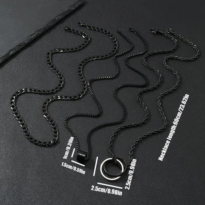 Men's black stainless steel necklace with titanium steel cylindrical ring buckle pendant, three-piece set.