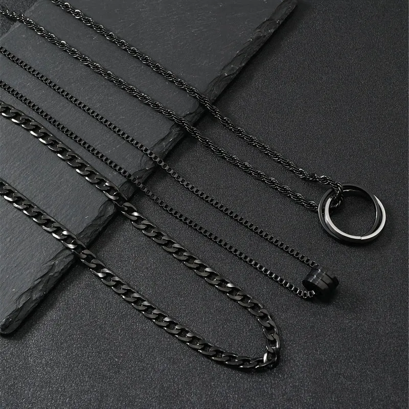 Men's black stainless steel necklace with titanium steel cylindrical ring buckle pendant, three-piece set.