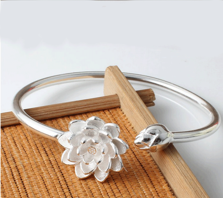 Snow Lotus silver bracelet for women, copper electroplated open style with lotus motif, Korean fashion jewellery