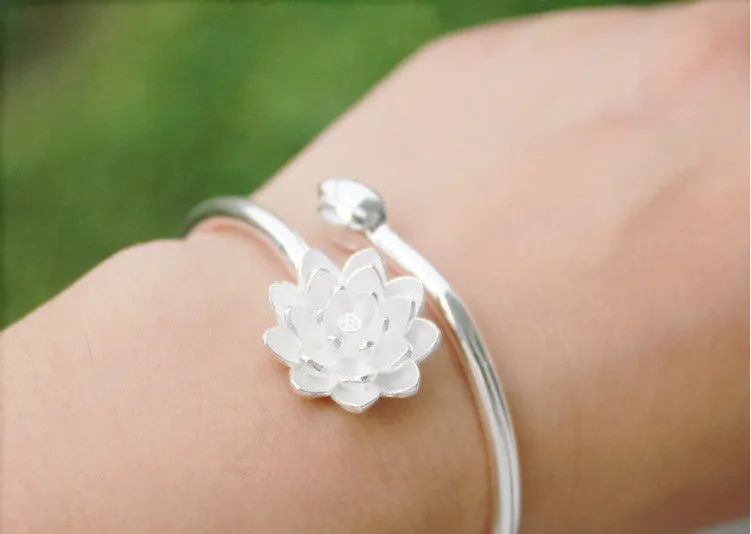 Snow Lotus silver bracelet for women, copper electroplated open style with lotus motif, Korean fashion jewellery