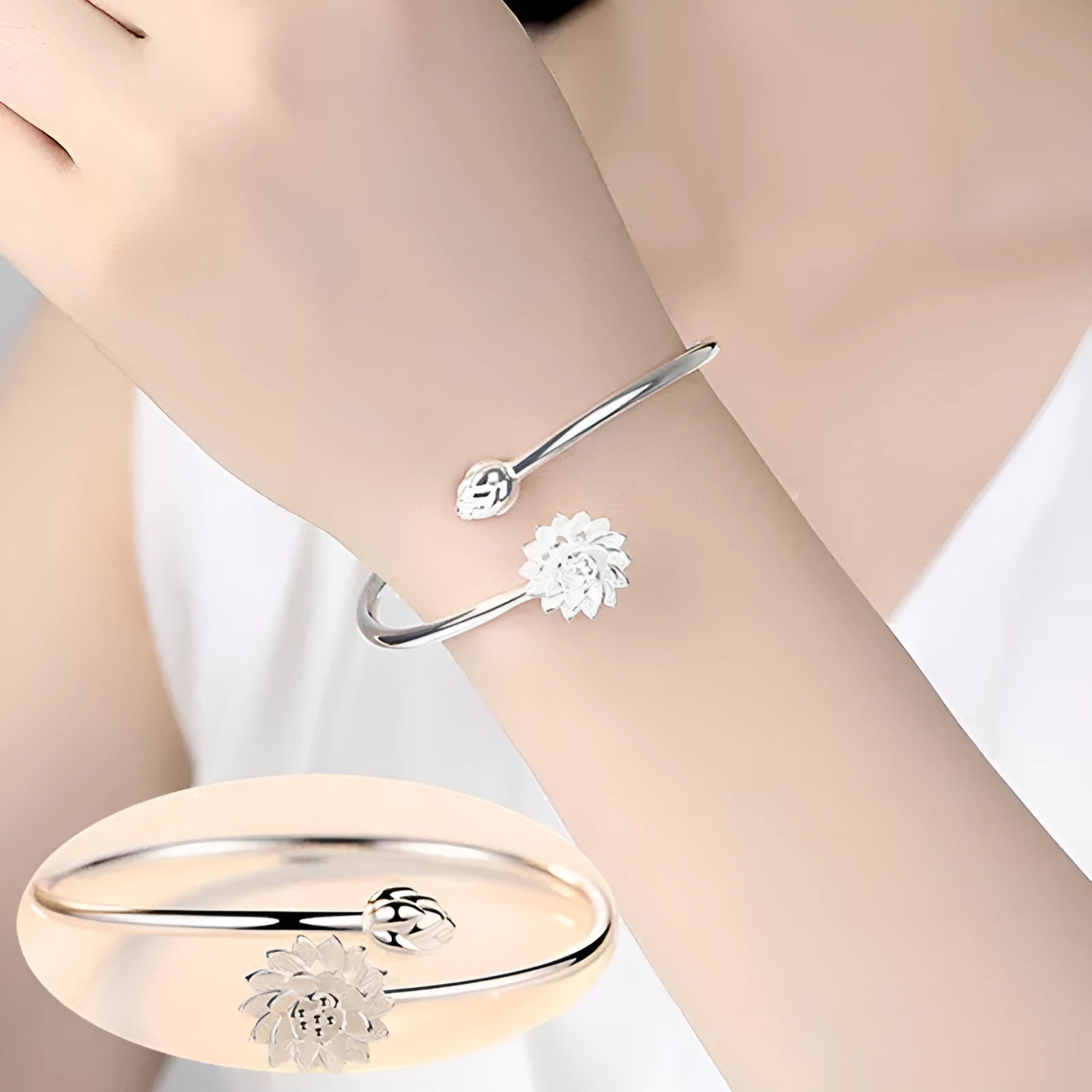 Snow Lotus silver bracelet for women, copper electroplated open style with lotus motif, Korean fashion jewellery