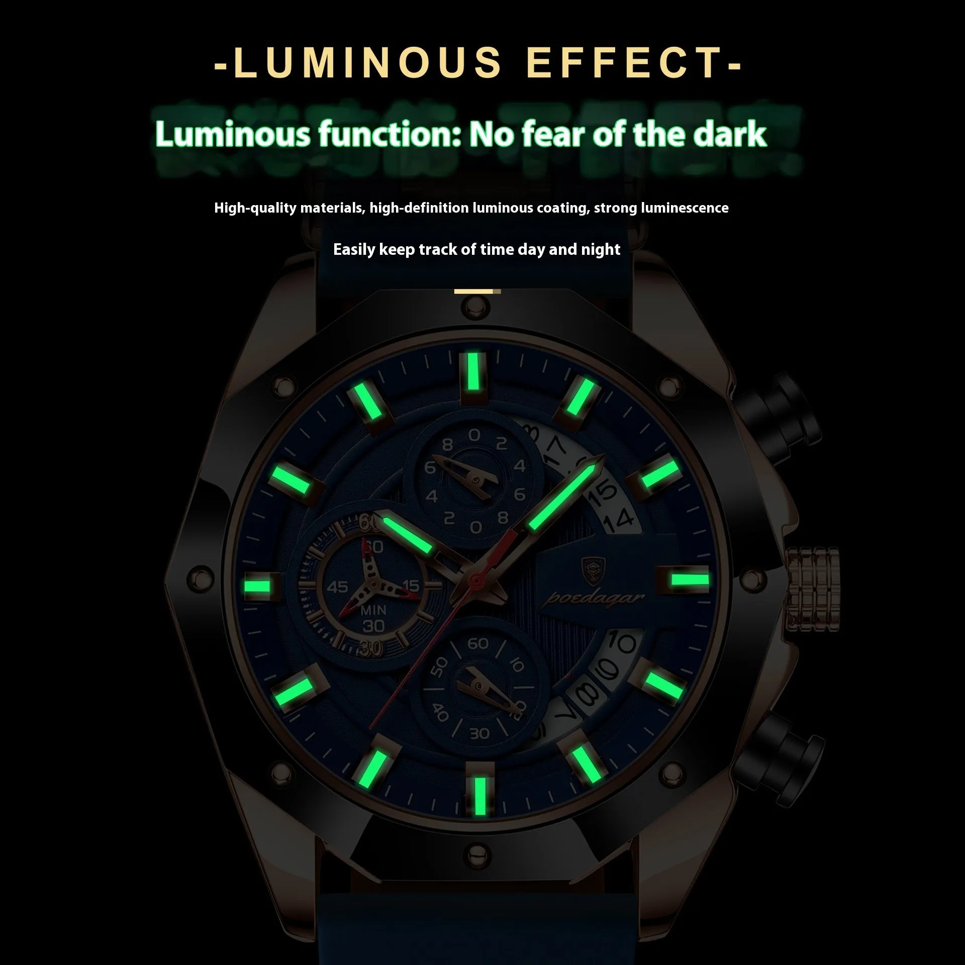 Men's chronograph sports watch with a black silicone strap and silver alloy case on a wrist.