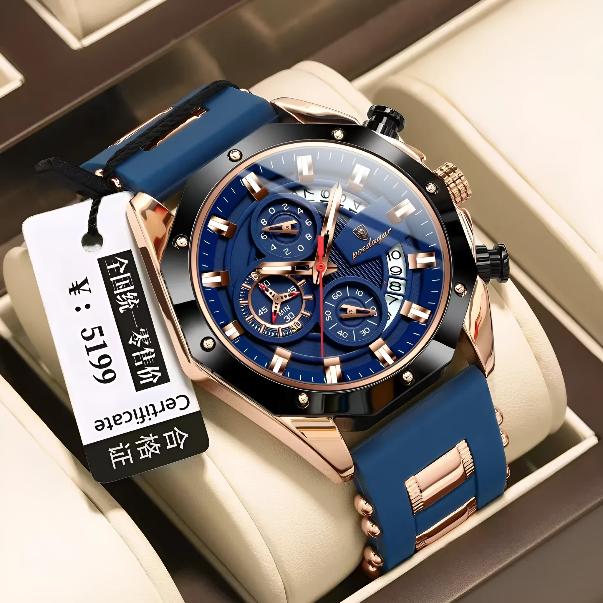 Men's chronograph sports watch with a black silicone strap and silver alloy case on a wrist.