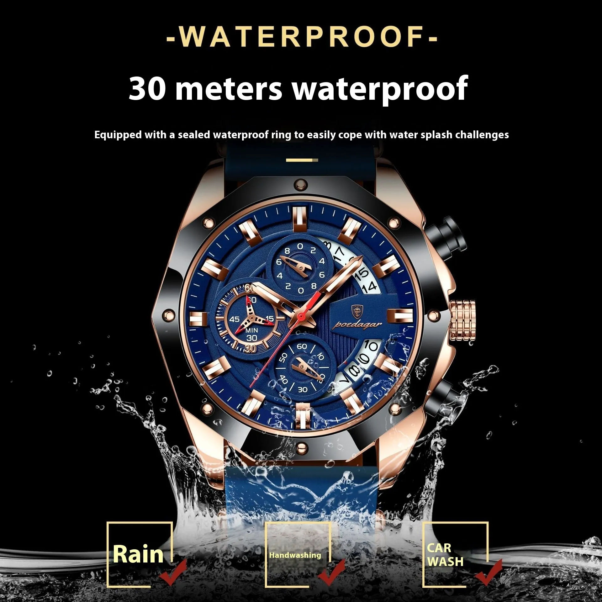 Men's chronograph sports watch with a black silicone strap and silver alloy case on a wrist.