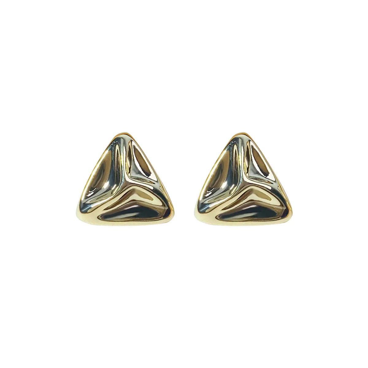 Pair of golden triangle dangle earrings with hook back and textured surface on white background