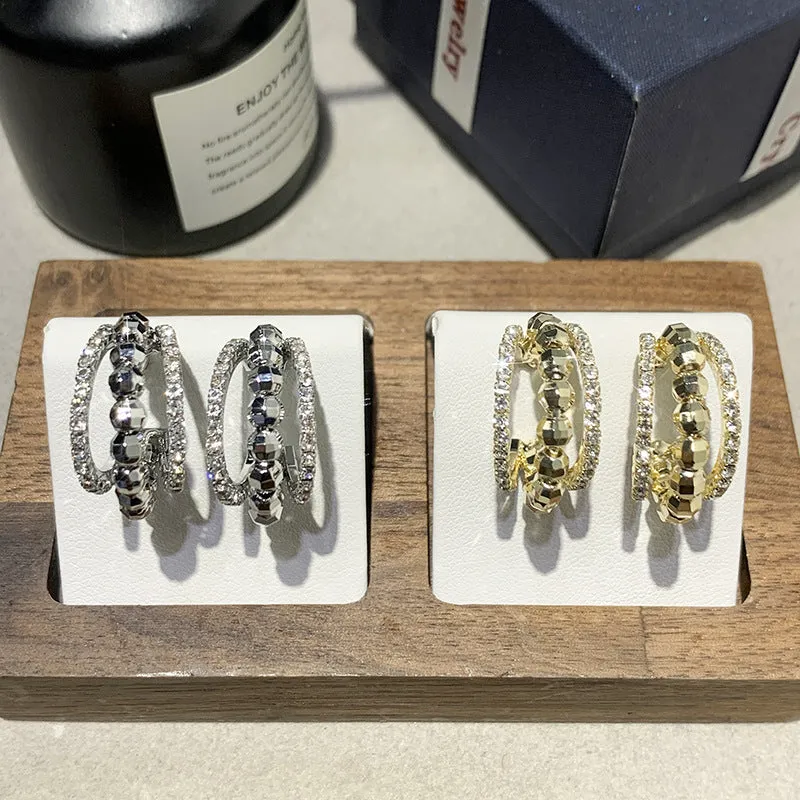 Three-layer micro inlaid zircon earrings in gold and silvery colour options for women fashion jewellery