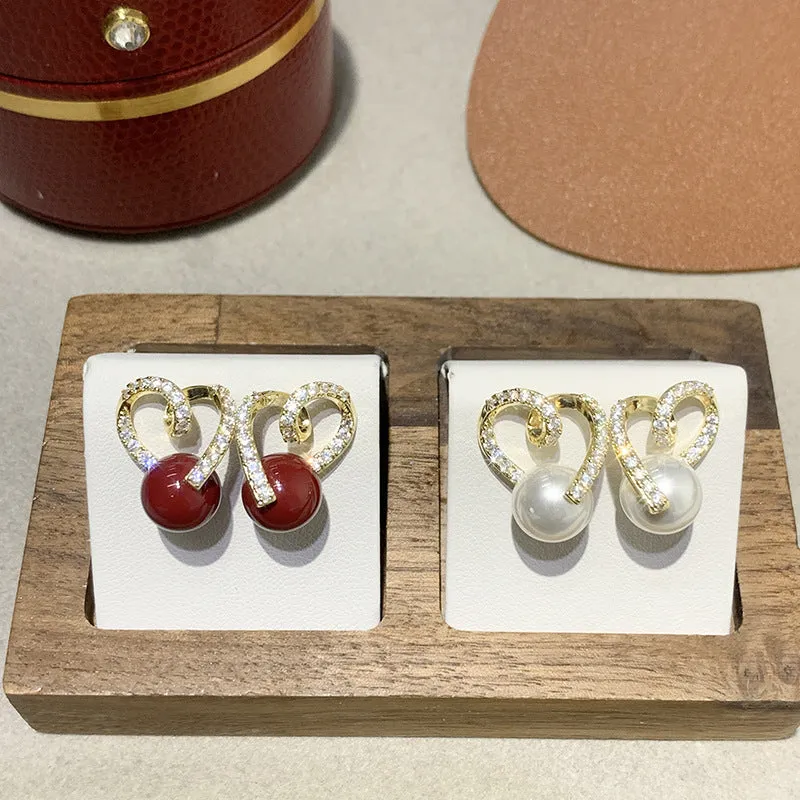 French retro pearl zircon clip-on earrings, crystal flower drop design in gold finish on copper alloy base