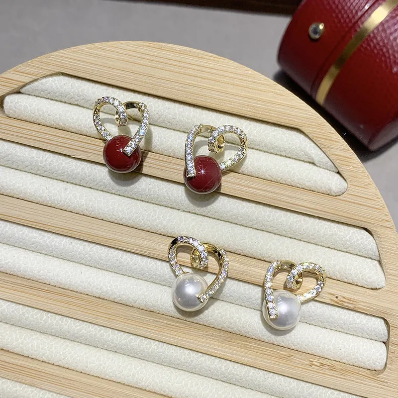 French retro pearl zircon clip-on earrings, crystal flower drop design in gold finish on copper alloy base