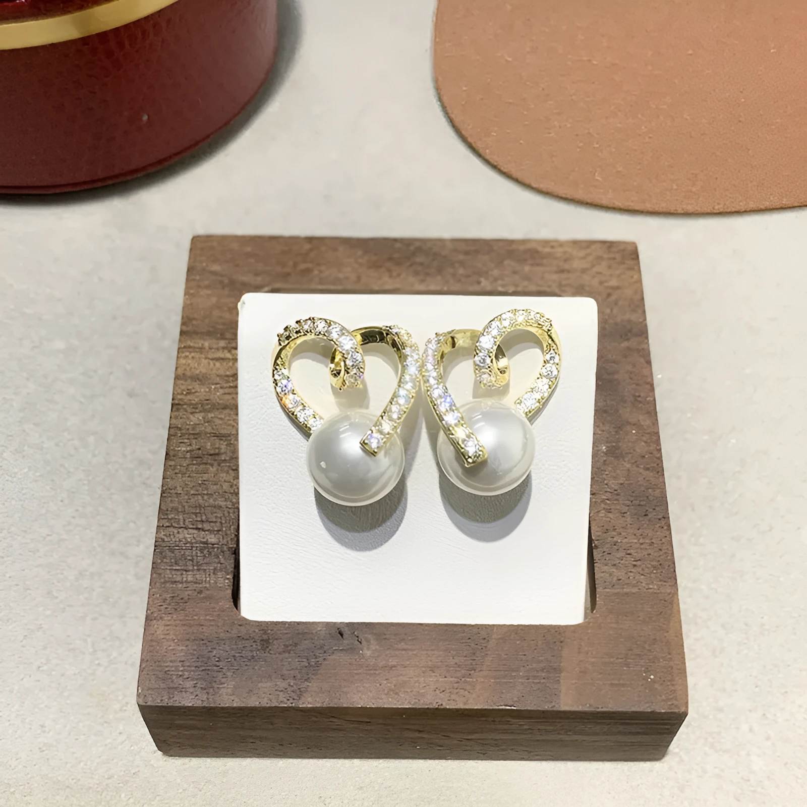 French retro pearl zircon clip-on earrings, crystal flower drop design in gold finish on copper alloy base