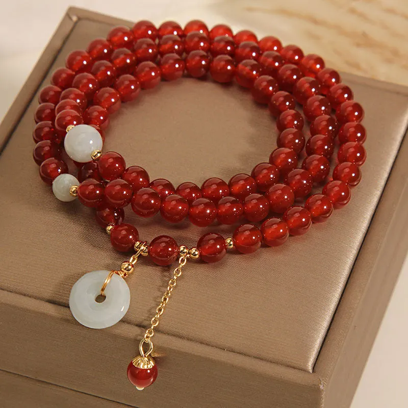 Red agate and crystal multi-layer ethnic bracelet for women with retro styling