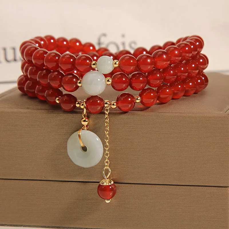 Red agate and crystal multi-layer ethnic bracelet for women with retro styling