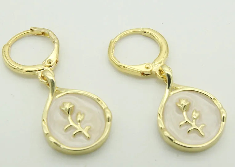 Drop-shaped rose inlaid shell earrings in brass with zircon, hoop and hook styles, cute floral teardrop design
