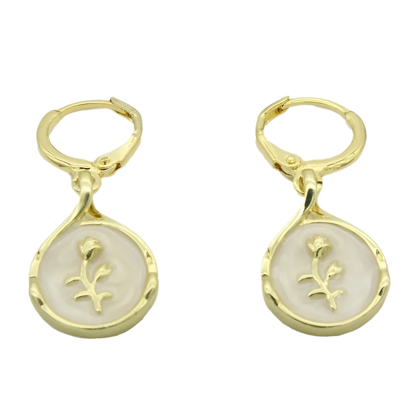Drop-shaped rose inlaid shell earrings in brass with zircon, hoop and hook styles, cute floral teardrop design